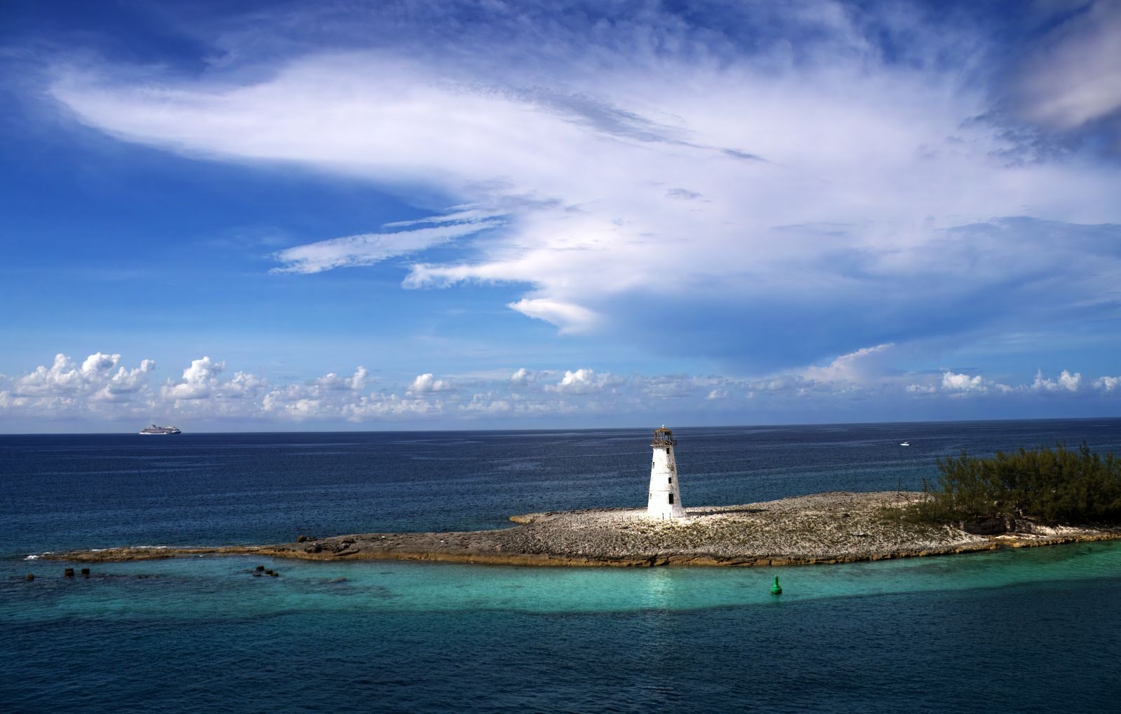 Lighthouse at the harbor entrance to Nassau, a staple port of the cheapest cruise lines